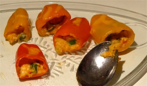hummus and cheese stuffed mini peppers with avocado
