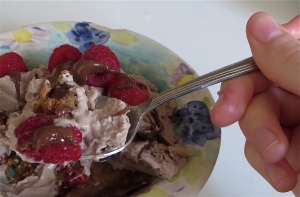 microwave blondie frozen yogurt sundae chocolate raspberry